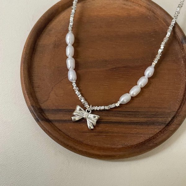 S925 Sterling Silver Bow Freshwater Pearl Shredded Silver Necklace - 图片 7