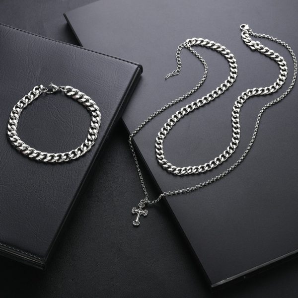 Vintage cross titanium Cuban chain necklace set, personalized double-layer necklace, hip-hop street collar chain, minimalist design - 图片 8