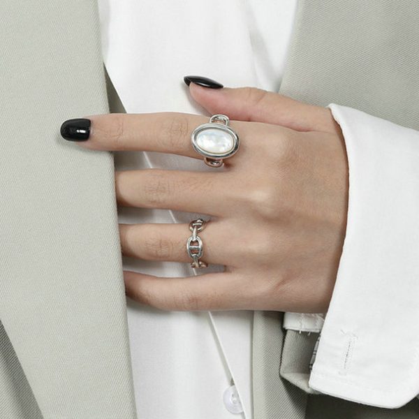 Minimalist Geometric Elliptical Shell Luxury S925 Pure Silver Open Ring