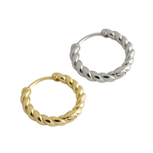 Korean-style temperament gold-plated woven silver earrings, minimalist twisted braided S925 pure silver hoop earrings for women. - 图片 3