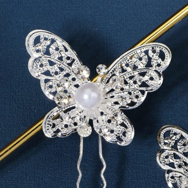 Dreamy Girl Headpiece Pearl Hairpin with Diamonds and U-shaped Hair Comb, Ancient Style Metal Lattice Butterfly Hairpin