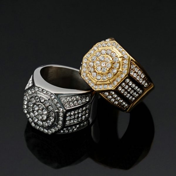 Men's Luxury Diamond-Encrusted Octagonal Stainless Steel Hip Hop Club Ring - 图片 6