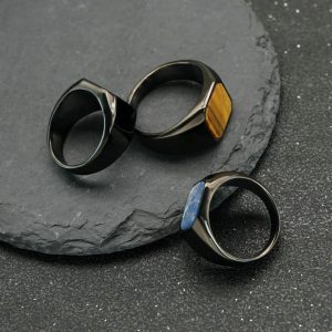 Ins Minimalist Style Titanium Steel Color-Preserving Electroplated Black Men's Natural Stone Ring