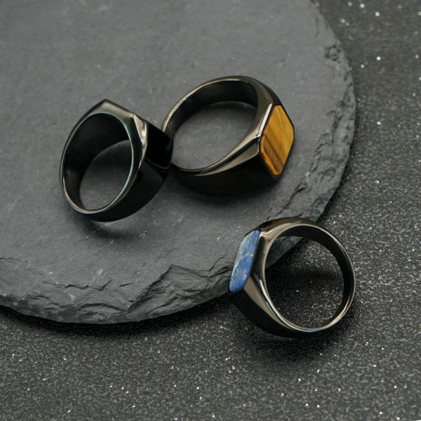 Ins Minimalist Style Titanium Steel Color-Preserving Electroplated Black Men's Natural Stone Ring