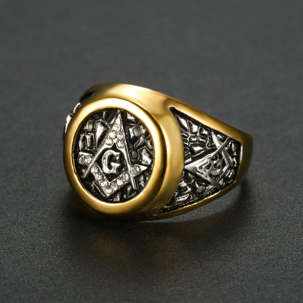 AG Ring, Streetwear Trendy Gold Masonic White Diamond Ring, Stainless Steel Vintage Ring
